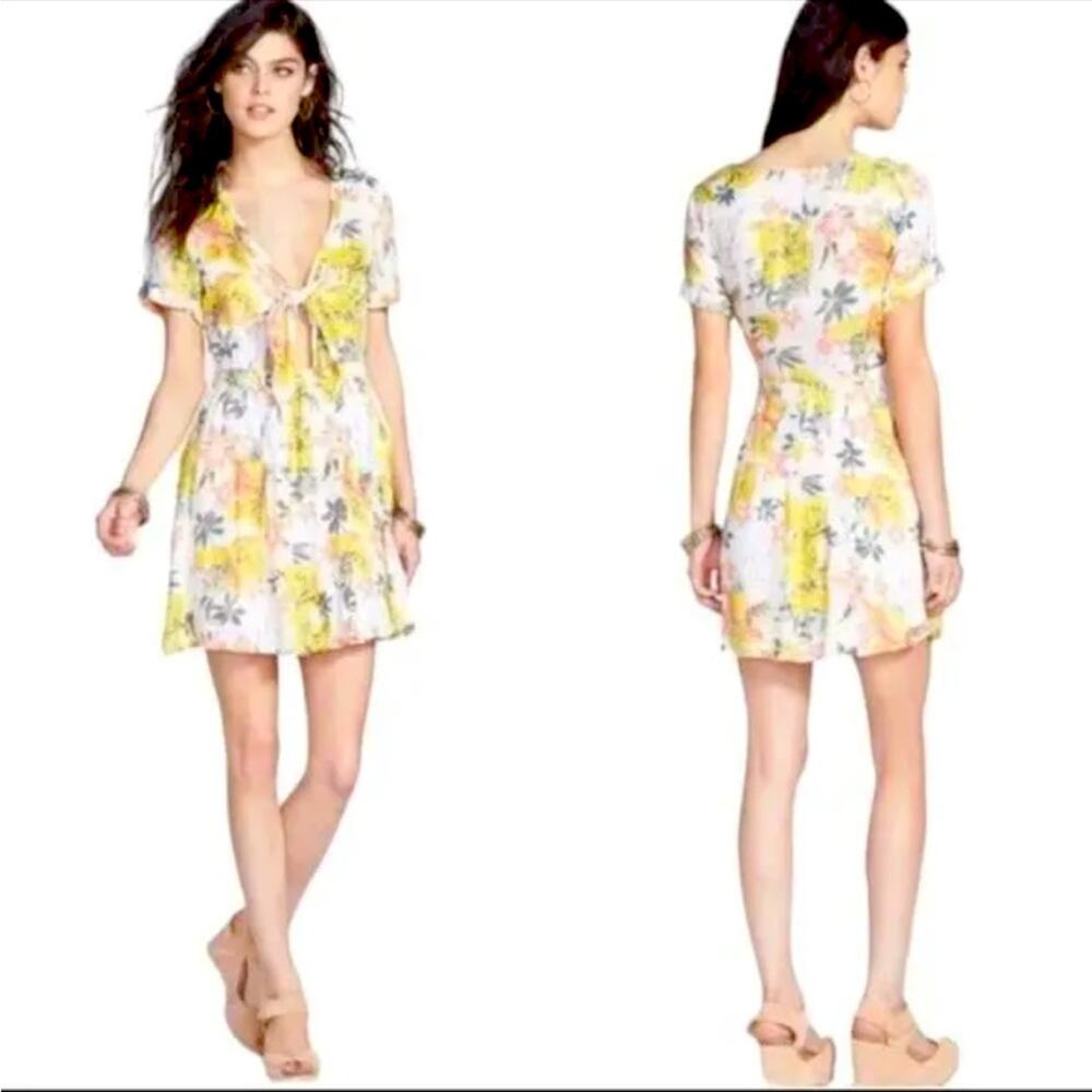 Free People Part Time Lover Tie Front Floral Mini Dress Bohemian Hippie Size 2